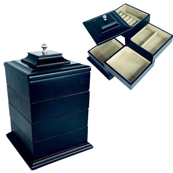 VTG Black Wooden JEWELRY BOX 4 Tier Ring Bracelet Necklace Drawers Storehouse 9" - Picture 1 of 10